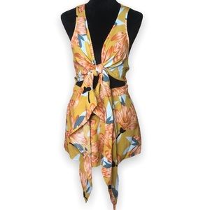 Love + Harmony Romper Front Tie Cut Out Crochet Back Mustard Floral Tropical